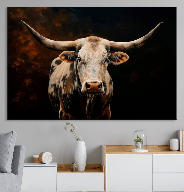 A large 3-panel Texas Longhorn canvas print dominates the space.