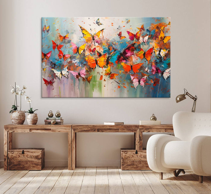 The Abstract Butterfly Wall Art Canvas Print hangs prominently, adding a touch of elegance and creativity to the room.