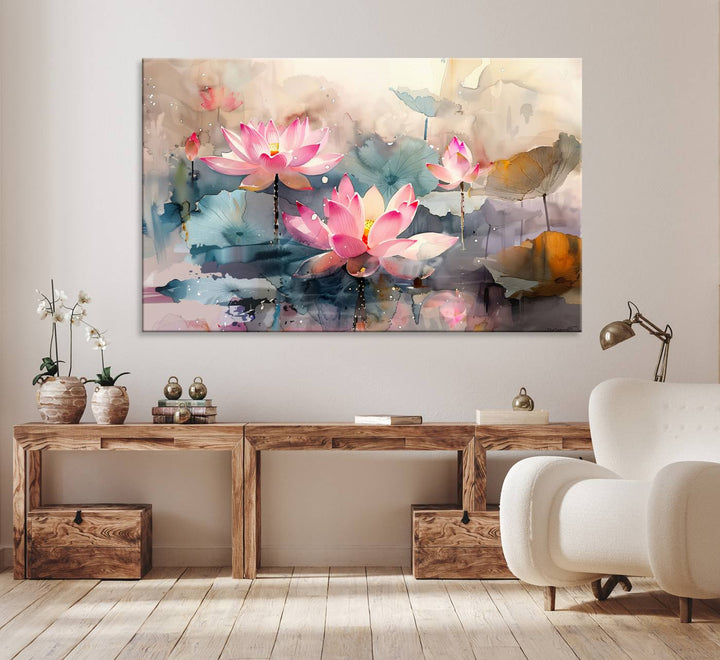 A pink lotus wall art adorns the space.