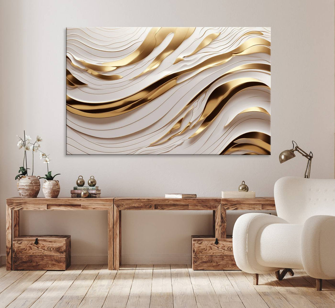 A Gold and White Abstract Wave Canvas with luxurious golden accents.