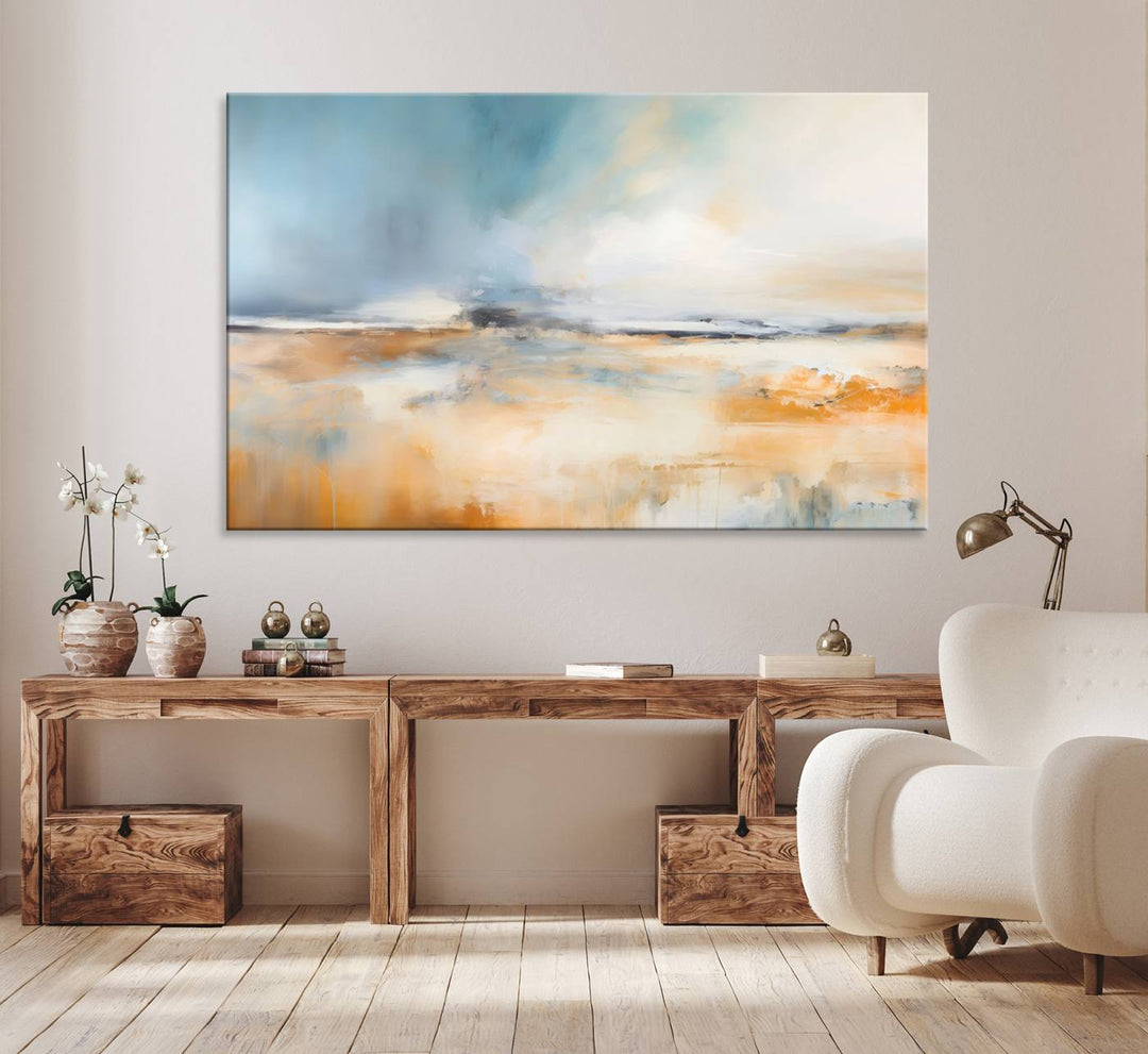 Abstract Landscape Wall Art in warm tones of orange and blue.