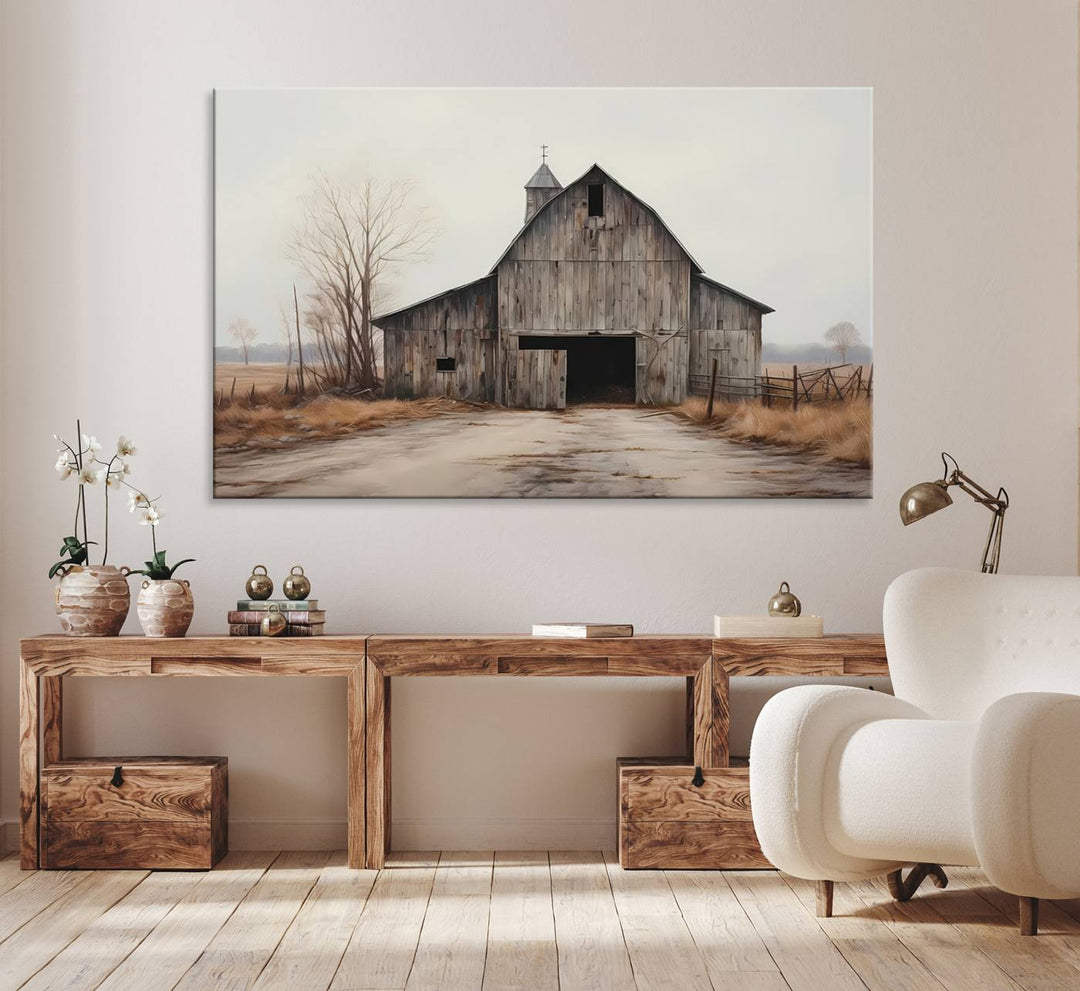 The Farmhouse Rustic Barn Wall Art Canvas Print, framed and ready to hang, enhances the farmhouse décor.