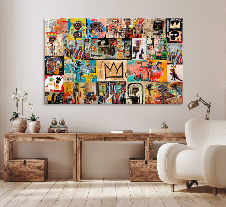 A Basquiat graffiti-style collage adorns the wall.