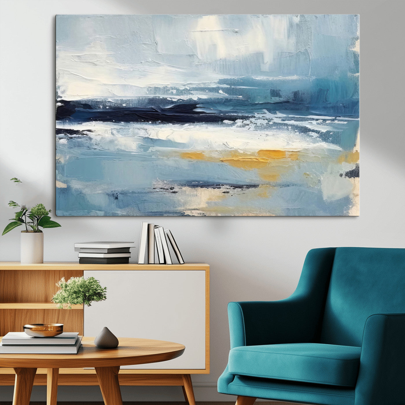 MGV-CV-36X24 - Abstract Ocean Canvas Wall Art - Coastal Blue and Gold Textured Painting, Modern Seascape Decor for Living Room Decor