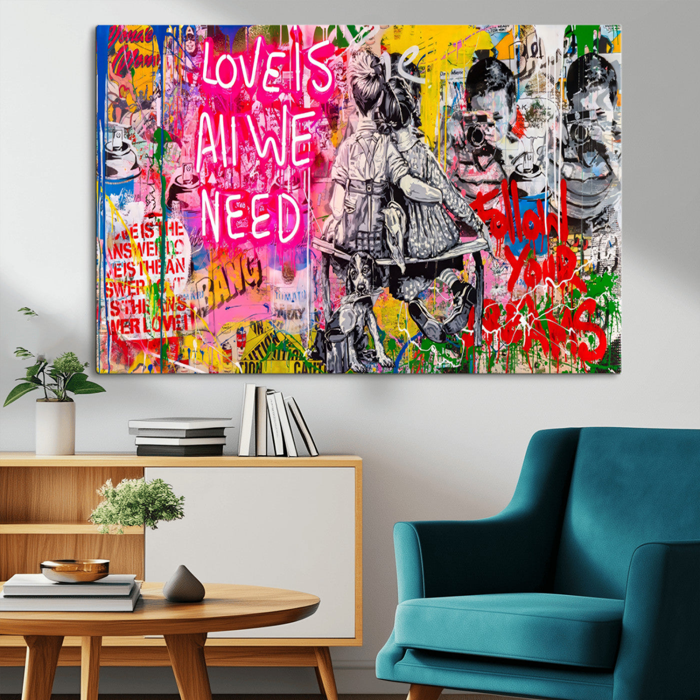 MGV-CV-36X24 - Follow Your Dreams & Love is All We Need Graffiti Street Art Triptych | 3-Panel Colorful Urban Wall Art for Living Room, Office, Loft Graffiti Wall Art Print