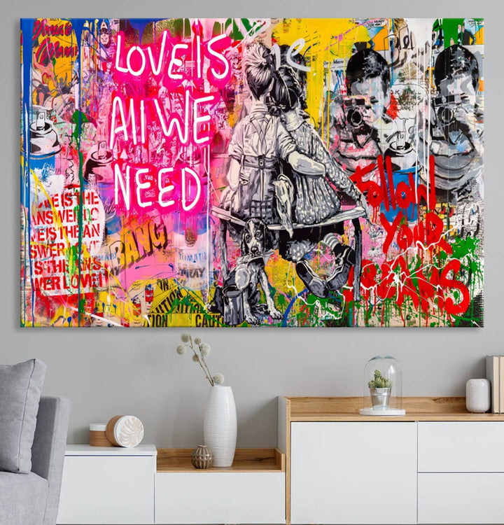 A vibrant and dynamic triptych features distorted horizontal lines, resembling graffiti street art. This artwork conveys the themes of "Follow Your Dreams" and "Love is All We Need" across three colorful panels.