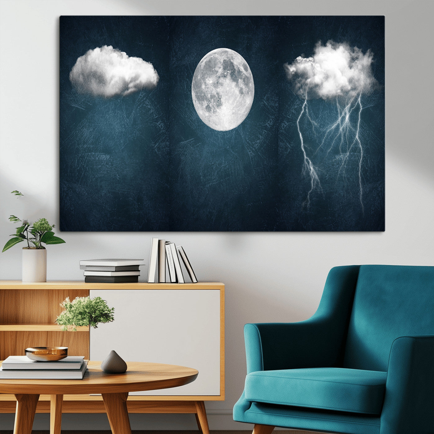 -3 Piece Indigo Cloud Wall Art, Thunderstorm Moon Cloud Artworks