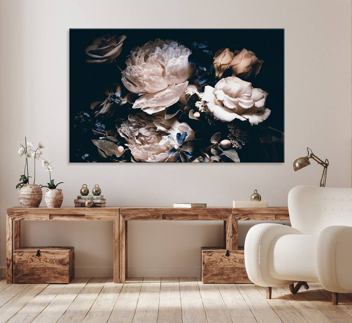 A large canvas art print of pink peonies flowers adds a vibrant touch to the space.