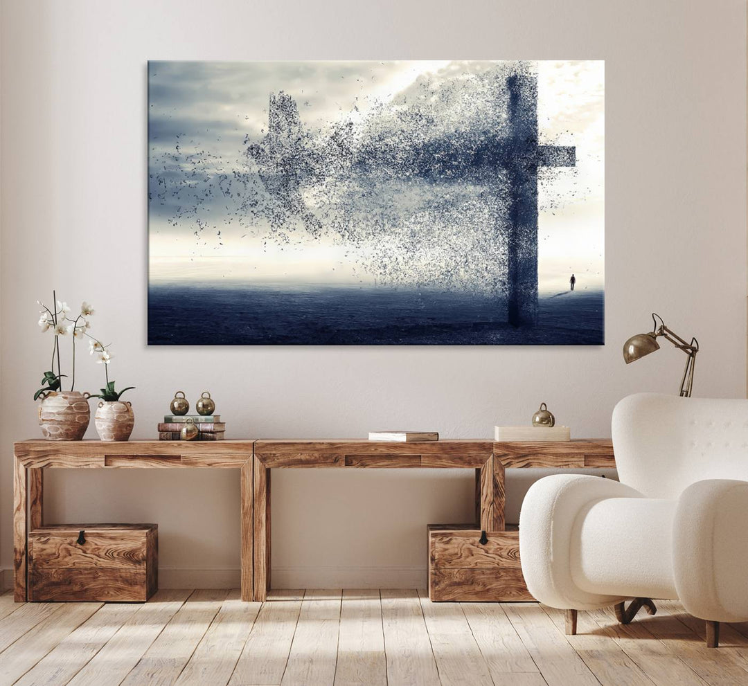 The Jesus and the Fading Cross wall art portrays a moody landscape.