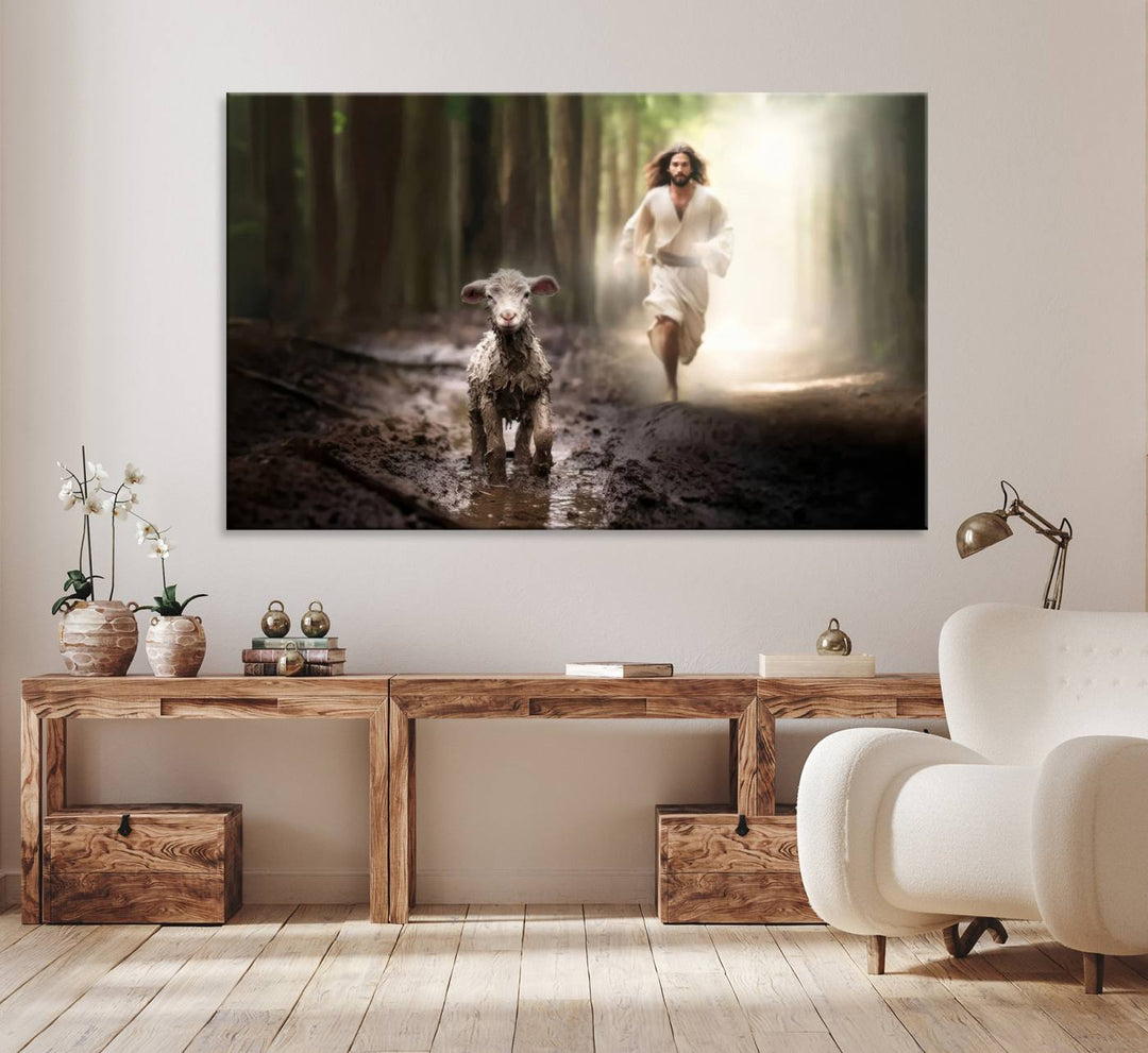 The Jesus Running After Lost Lamb canvas wall art adds a touch of spiritual significance.