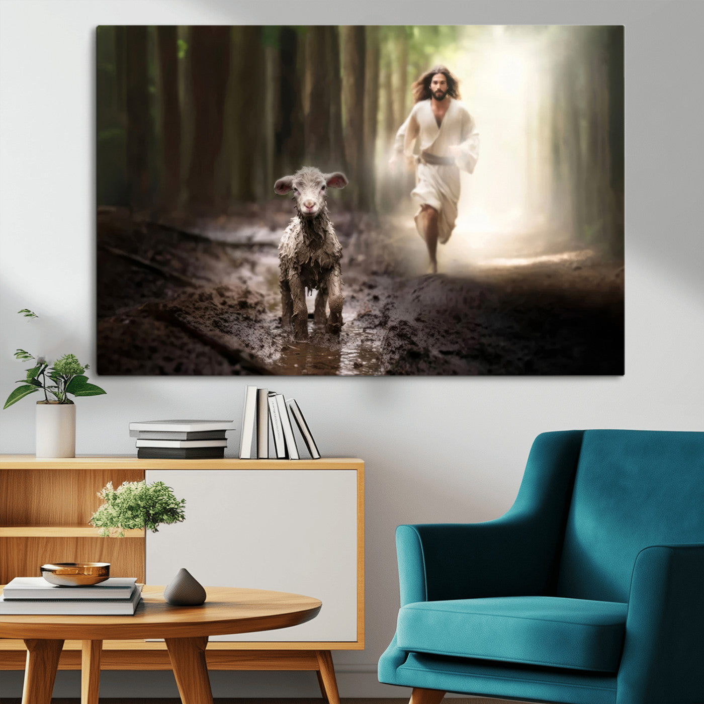 MGV-CV-36X24 - Jesus Canvas Wall Art - Jesus Running After Lost Lamb, Jesus, Christian Home Decor - Church Wall Art