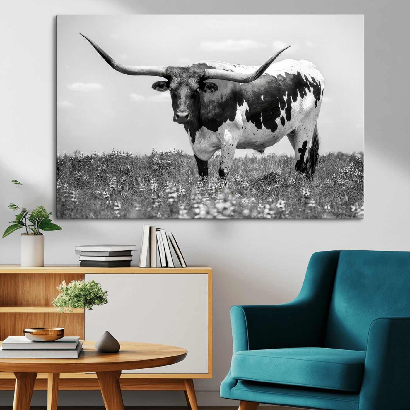 -Texas Black White Highland Longhorn Cow Wall Art Canvas Print