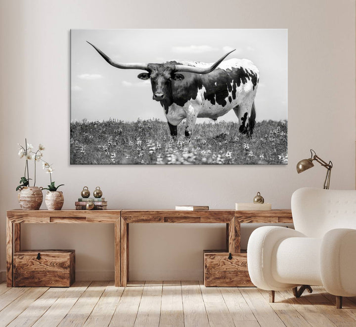 Texas Black White Highland Longhorn Cow Wall Art Canvas displayed on the wall.