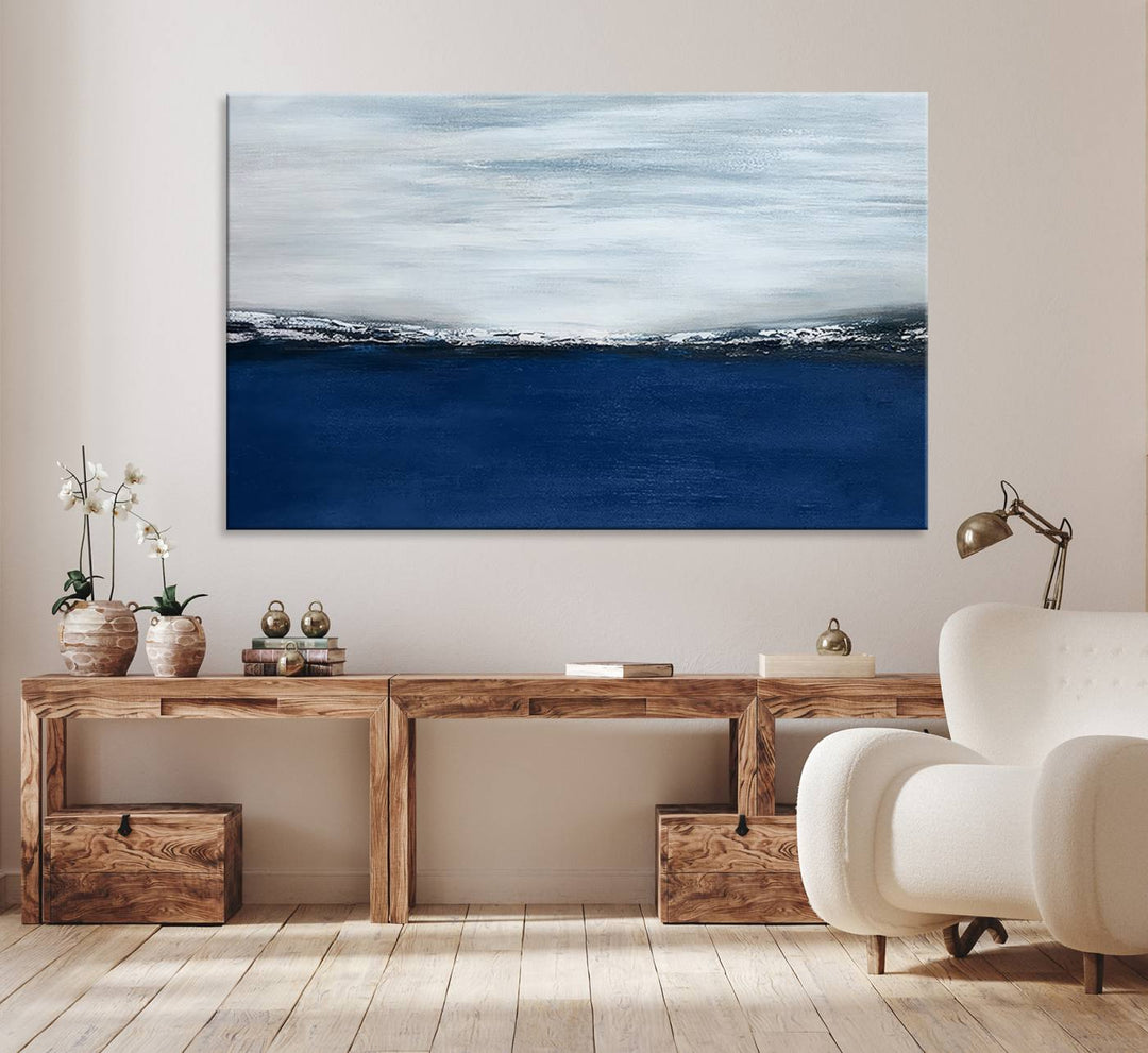 A Navy Blue Abstract Wall Art Canvas Print is displayed above the backsplash.