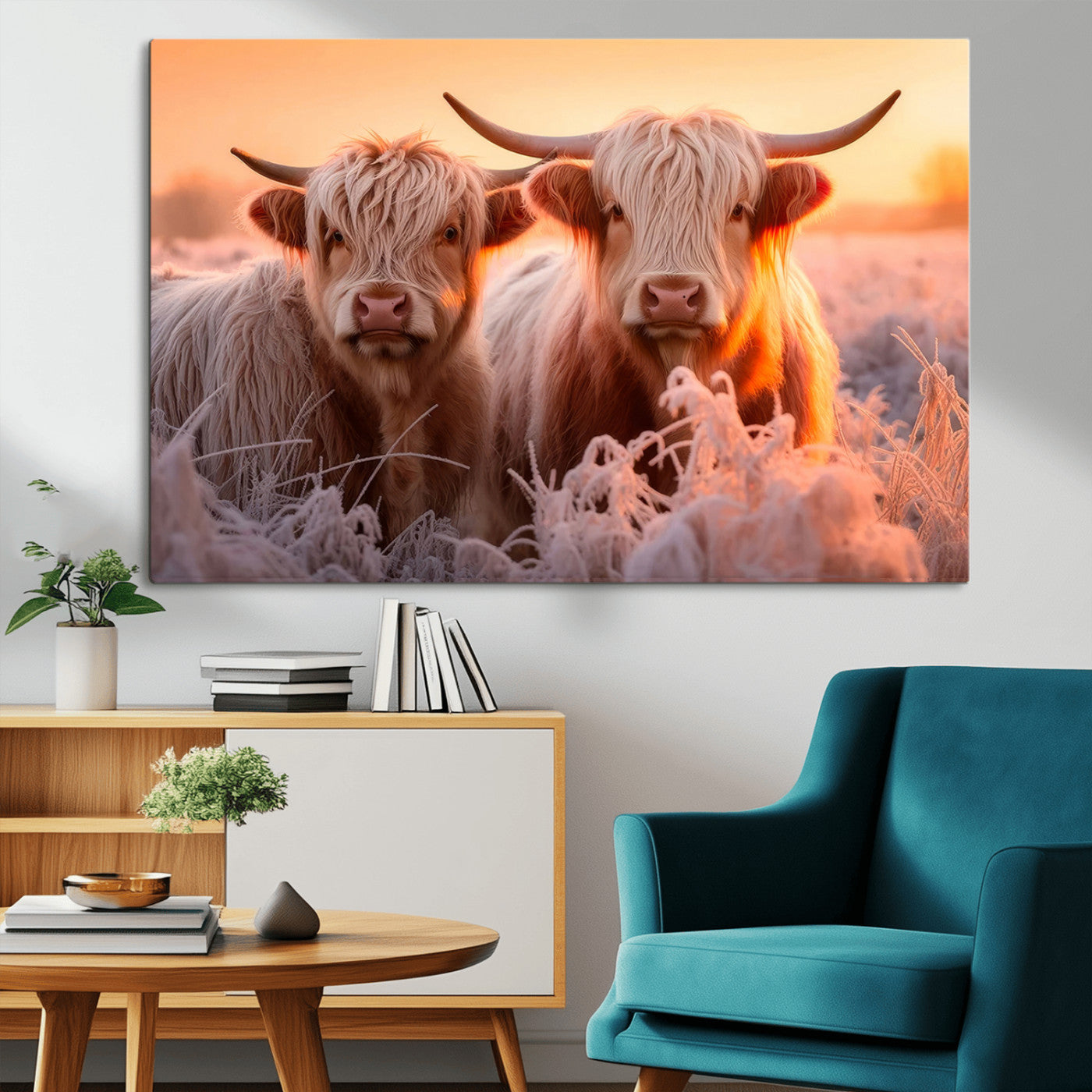 -Highland Cows at Sunrise Wall Art Canvas Set – Serene and Rustic Farmhouse Decor