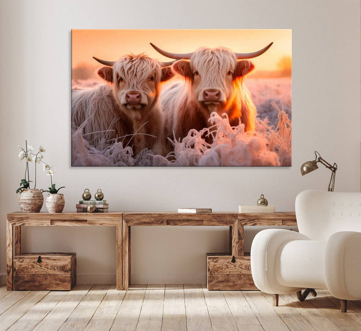 Highland Cows at Sunrise Wall Art adds serene rustic farmhouse charm.