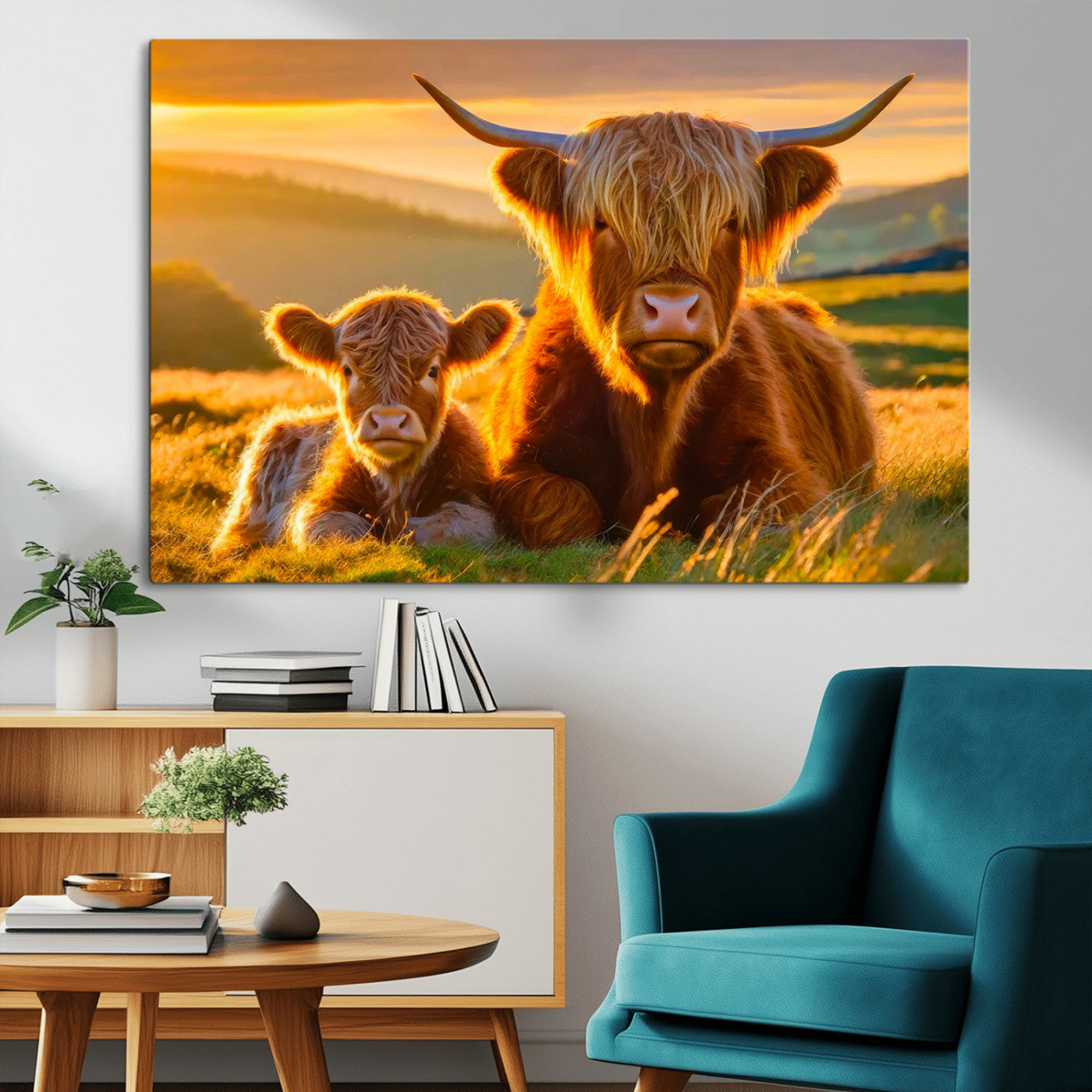 -Scottish Cow and Baby Cow Canvas Wall Art Animal Print Fluffy Cattle Framed Farmhouse Decor