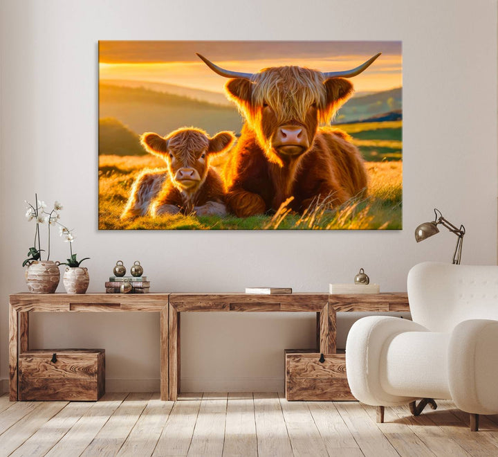 The Scottish Cow and Baby Cow Canvas Wall Art captures sunset fields.