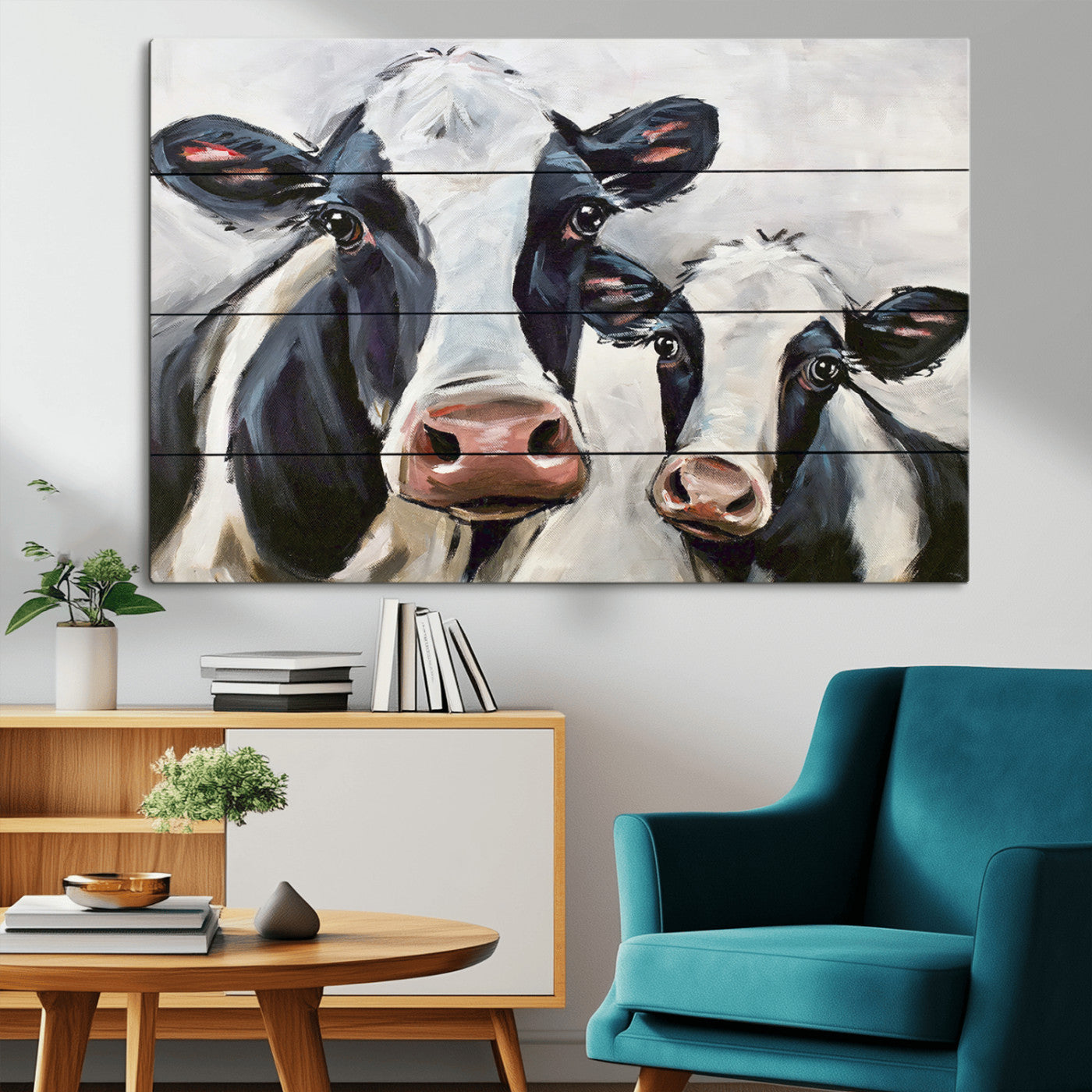 -Vintage Baby and Mom Cattle Wall Art Canvas Print
