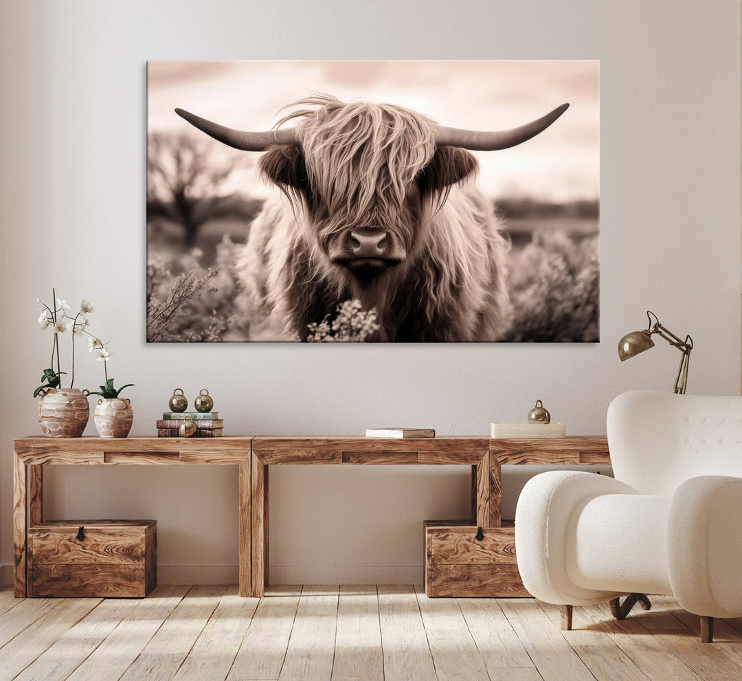 The Scottish Cow Longhorn Wall Art Canvas Print adds charm to the kitchen.