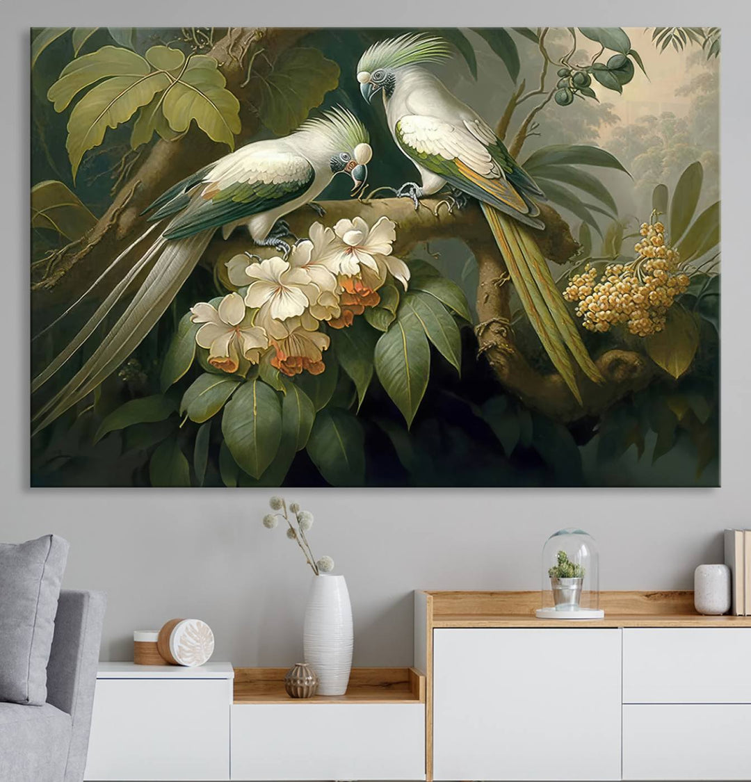 The Tropical Paradise Wall Art features a parrot in a lush forest.