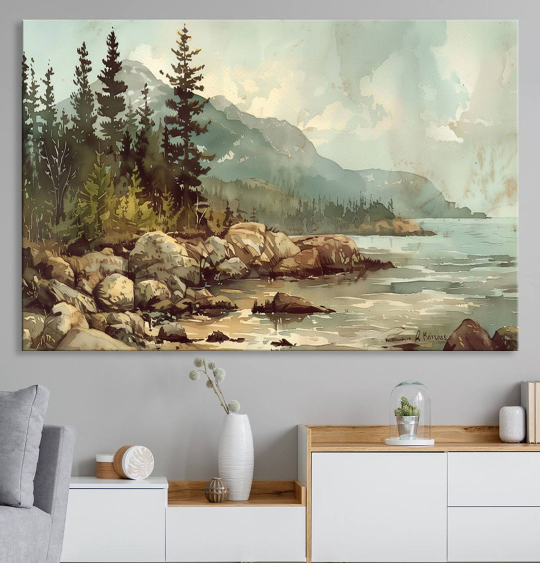 Framed Abstract Acadia National Park wall art, depicting a rocky coastline with trees and mountains, ready to hang.