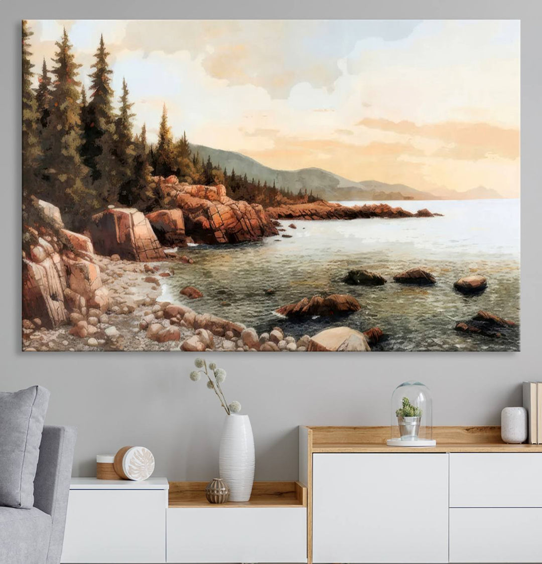 The Serene Coastal View of Acadia National Park 3-panel canvas, framed and ready to hang, adorns the wall.