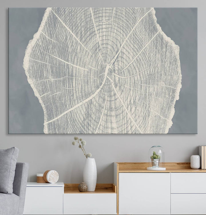 A gray wall displays the Abstract Tree Ring Wall Art print.