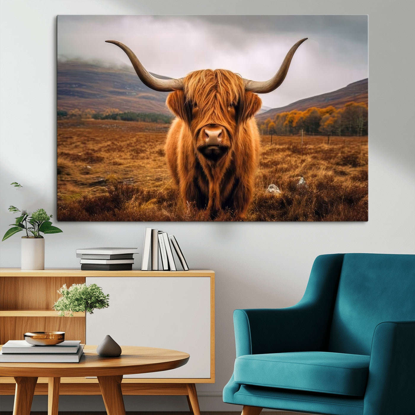 -Highland Cow Longhorn Wall Art – Rustic Canvas Print, Framed and Ready to Hang for Farmhouse Décor