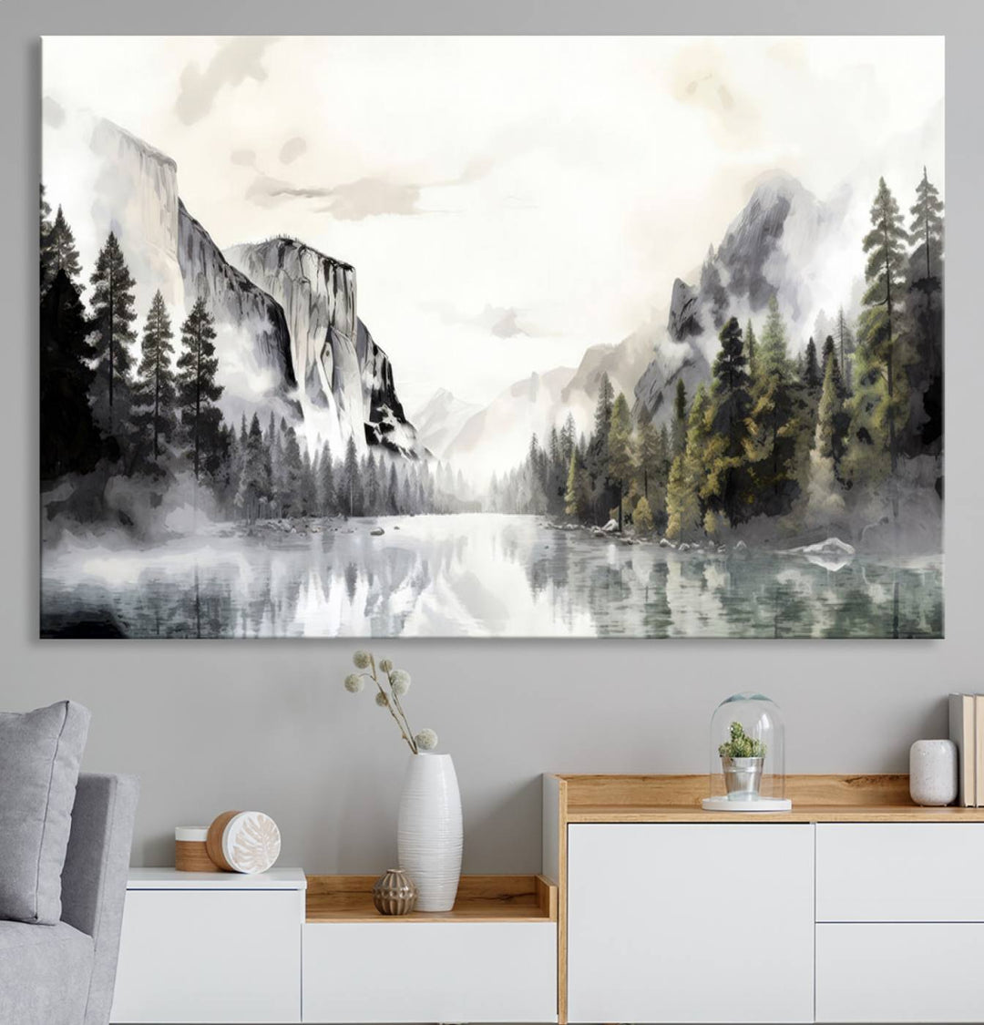 The Yosemite Valley Wall Art Canvas Print, a framed nature décor, is beautifully displayed.