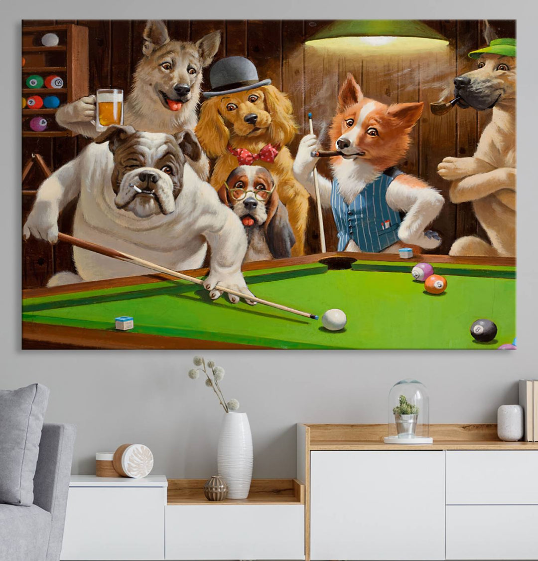 Dogs Playing Pool Canvas Wall Art: This artwork depicts a room where dogs are engaged in a game of pool. One dog is poised to cue while others observe the scene.