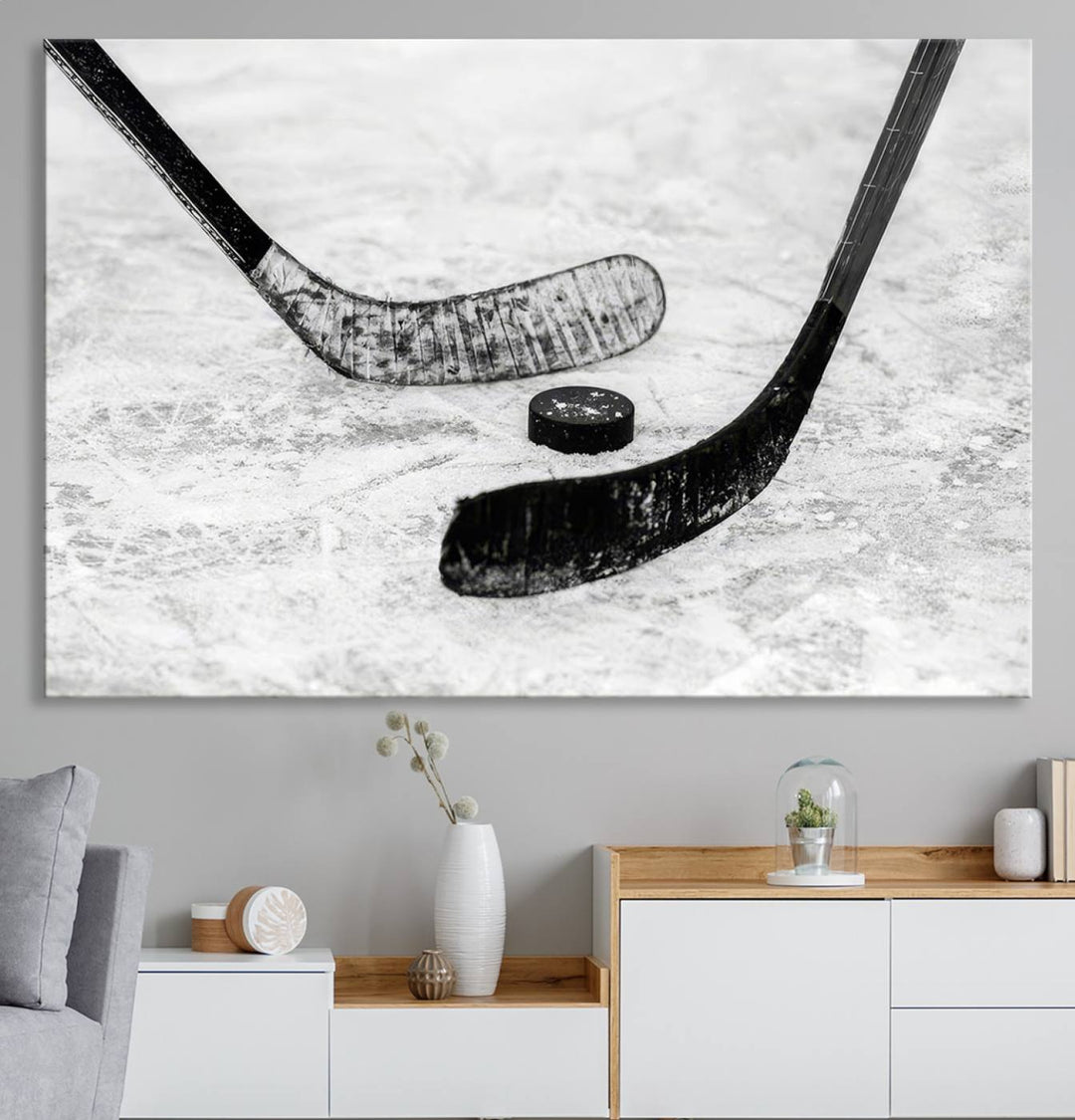 The dining room showcases Winter Ice Hockey Sport Canvas Art.