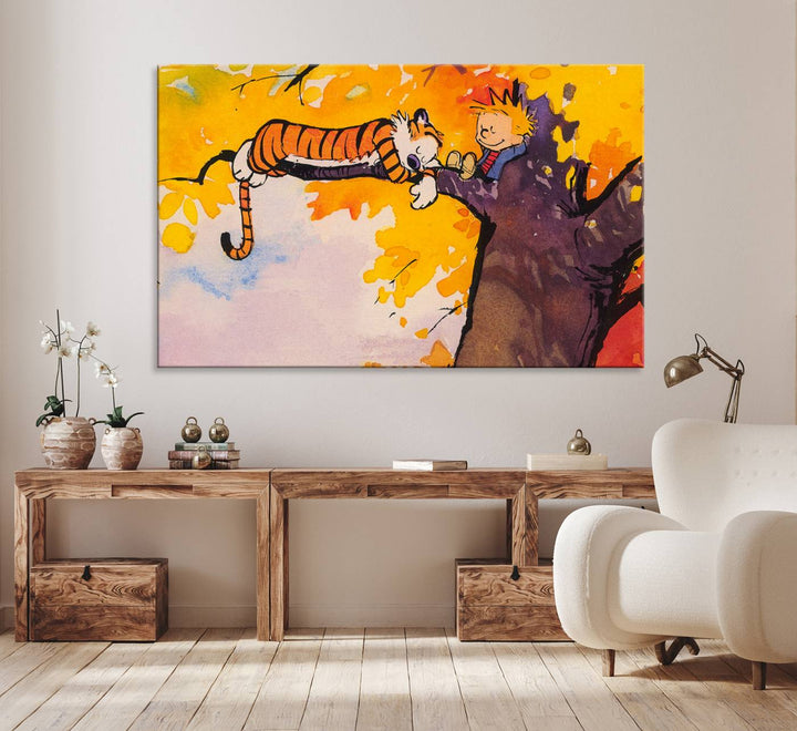 Premium canvas Calvin Wall Arts featuring a boy and tiger relaxing on a branch.