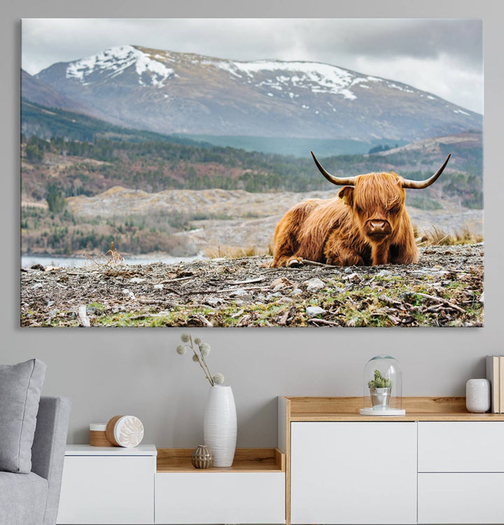 Highland Cow Horn Farm Wall Art Canvas Print is displayed against a wooden wall featuring a mountainous backdrop.