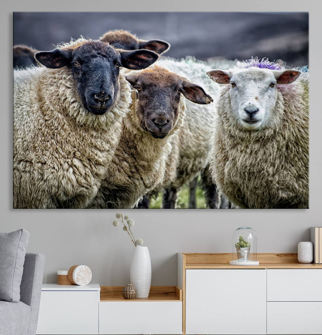 The Charming Sheep Portrait Wall Art hangs on a wooden wall.