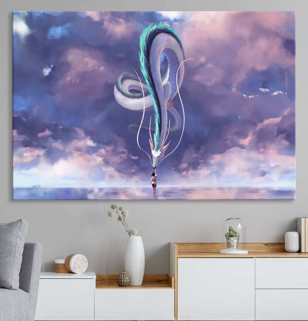 The Spirited Away Haku and Chihiro poster captures a cherished scene for anime lovers under a colorful, cloudy sky.