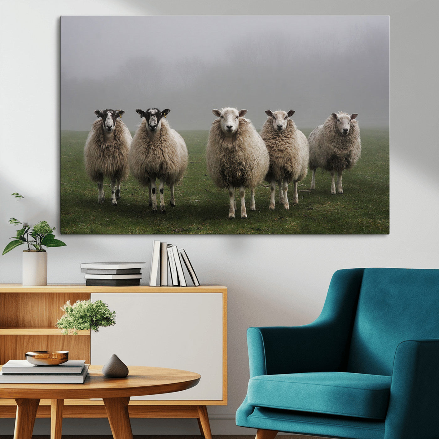 -Flock of Sheep in a Mystical Fog – Pastoral Wall Art Canvas Print, Framed, Ready to Hang