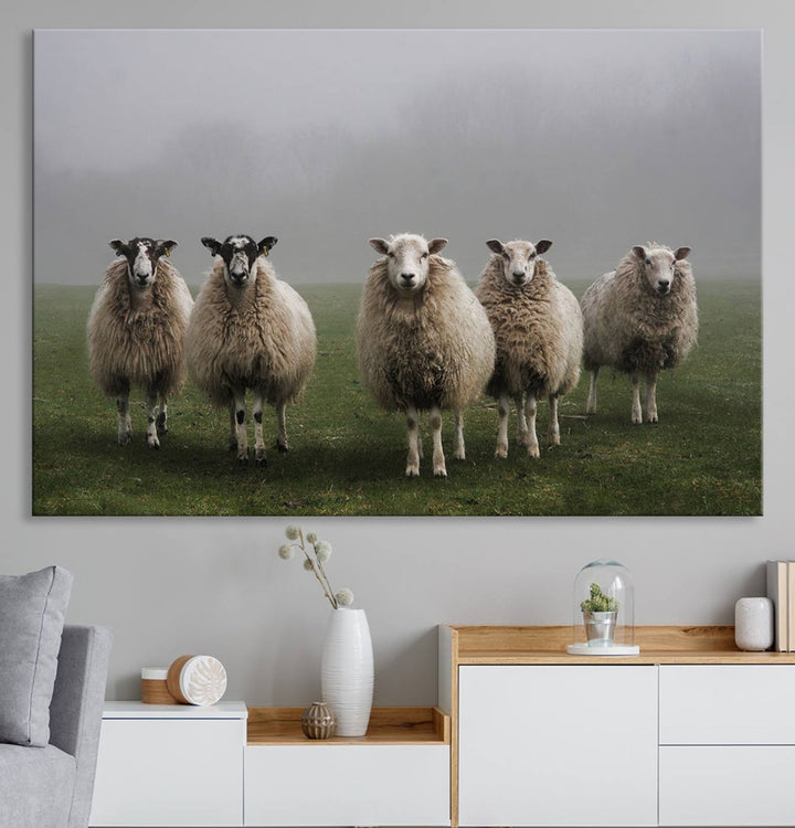 The Flock of Sheep in a Mystical Fog canvas print is framed and ready to hang.