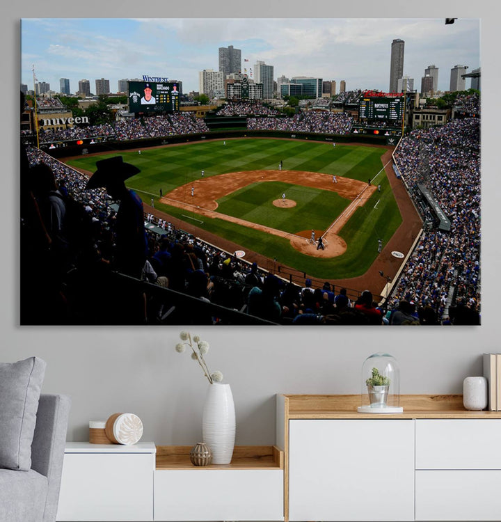 Admire this museum-quality canvas print of a Chicago Cubs game with a cityscape view from the stands at Wrigley Field.