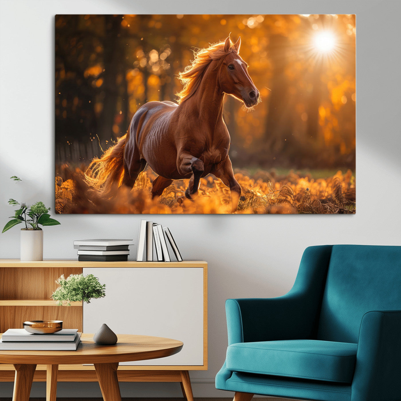 -Running Horse Sunset Forest Wall Art Canvas Print