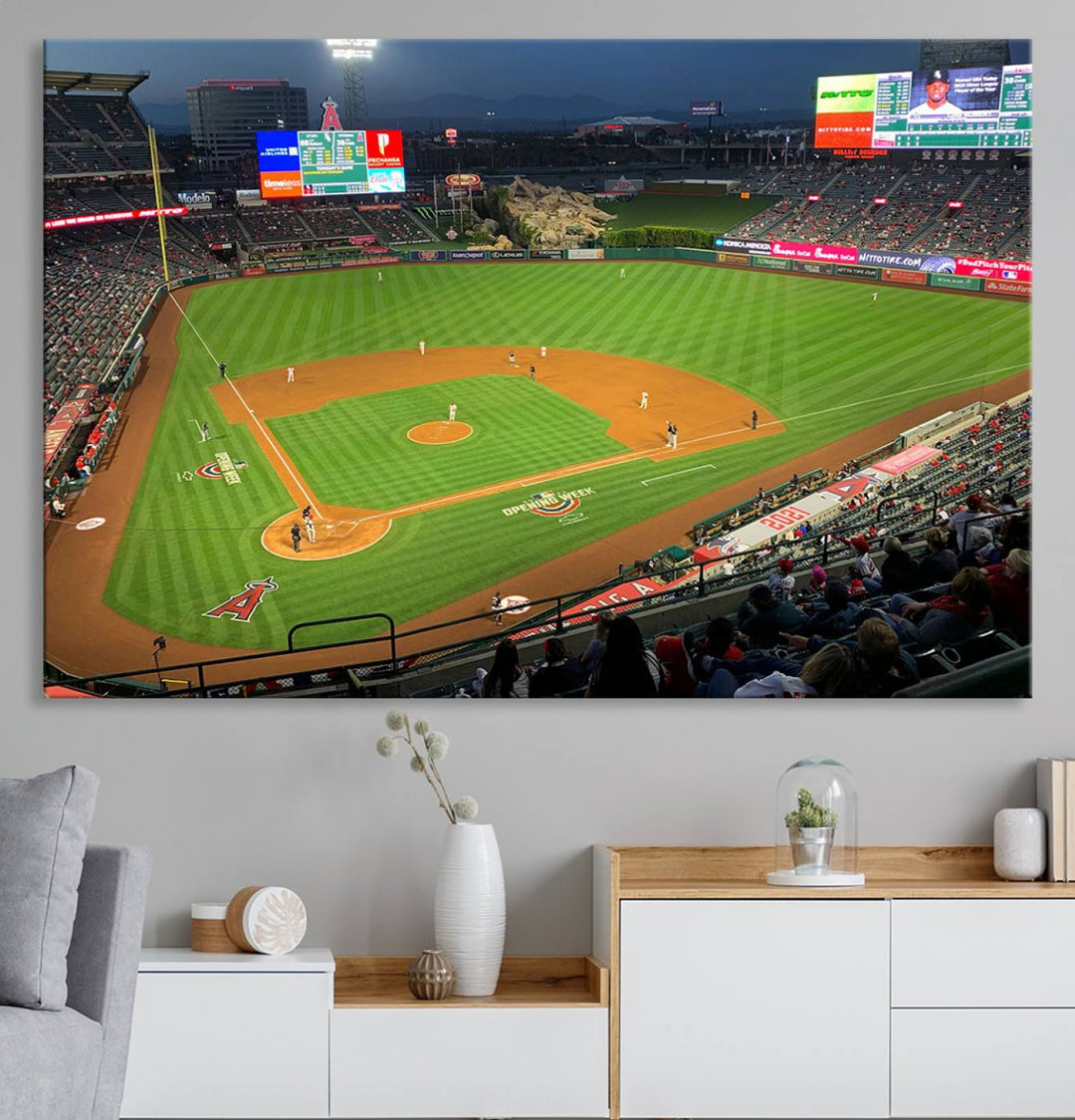 The Angel Stadium Aerial View canvas print of an Angels baseball game is showcased.