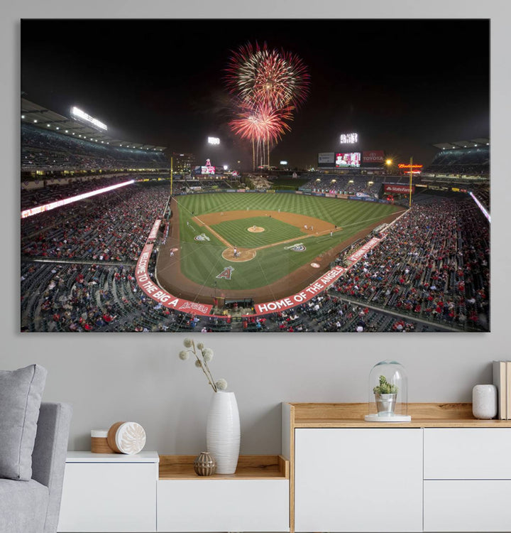 Fireworks at Angel Stadium – LA Angels Night Game Canvas Print, framed and ready to hang.