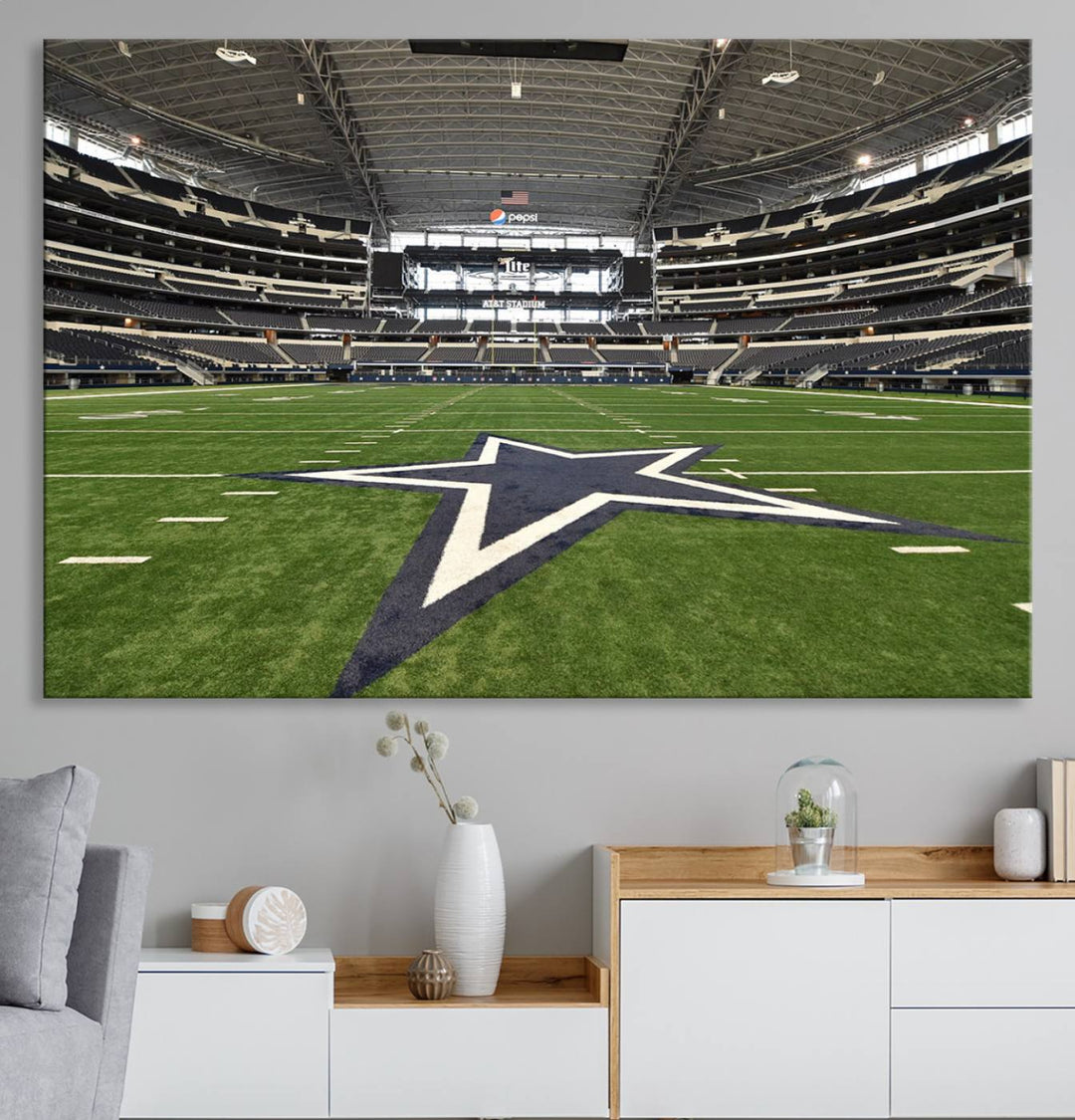 AT&T Stadium Dallas Cowboys Canvas Print displayed above a dining table.