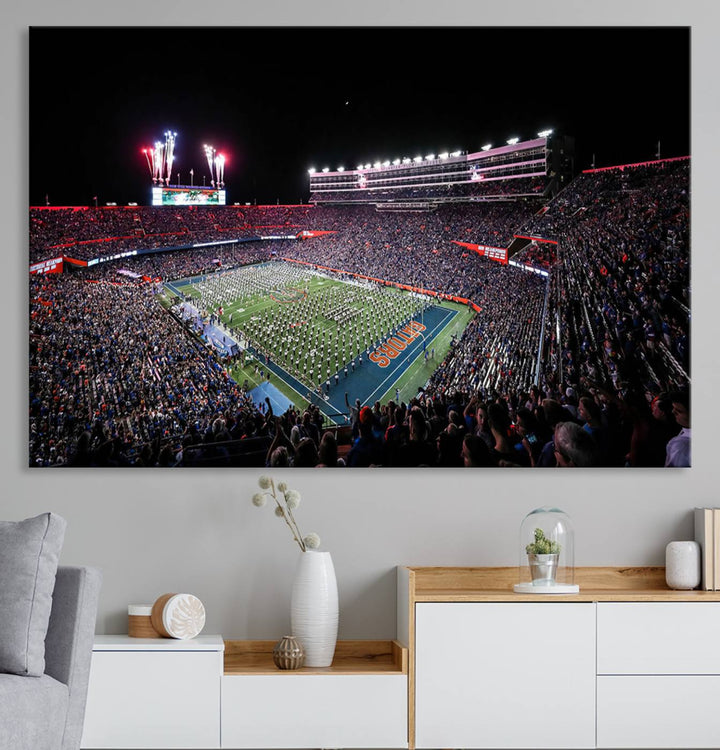 The Gators Night Game Canvas Art captures a lively night at Ben Hill Griffin Stadium with vibrant fireworks and the energy of a live band.