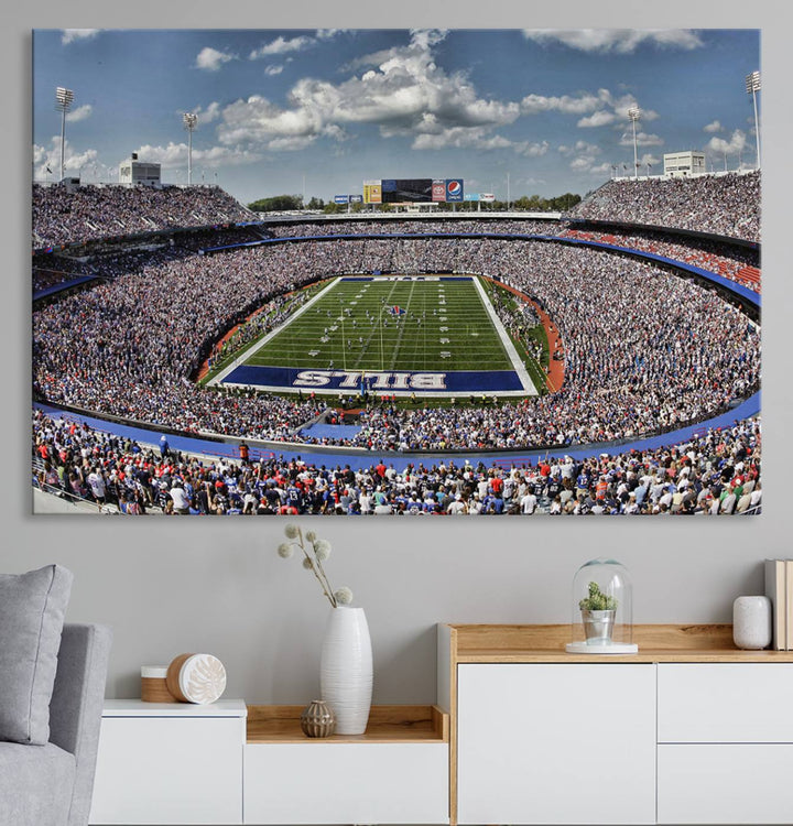 Our Buffalo Bills Game Day Canvas captures a vibrant scene at Highmark Stadium, with a lively crowd under a partly cloudy sky.