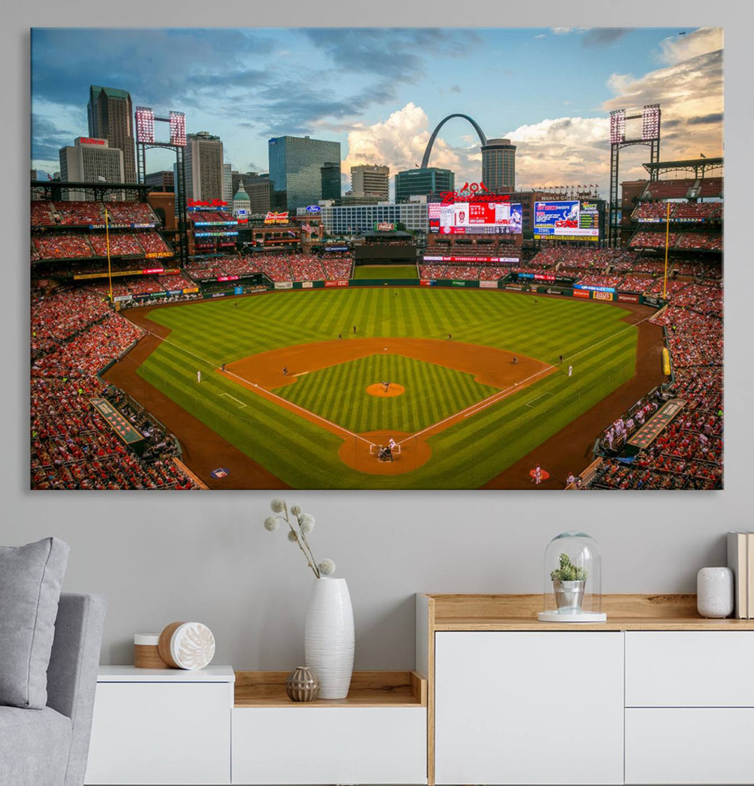 A Busch Stadium canvas print featuring a cityscape, ideal for enhancing living room or man cave sports decor.