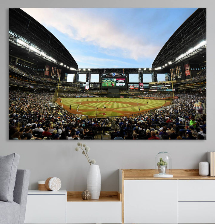 The wall art is an Arizona Diamondbacks Baseball Print depicting a packed Chase Field Stadium under a clear blue sky.