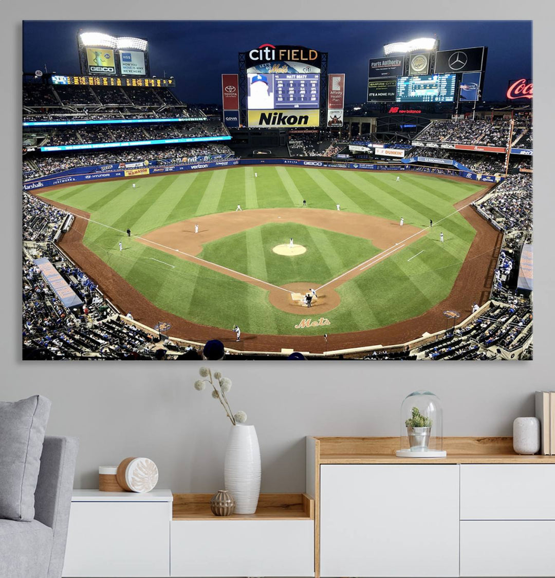 The wall is adorned with a 3-panel Citi Field Wall Art Print, framed for sports-themed decor.