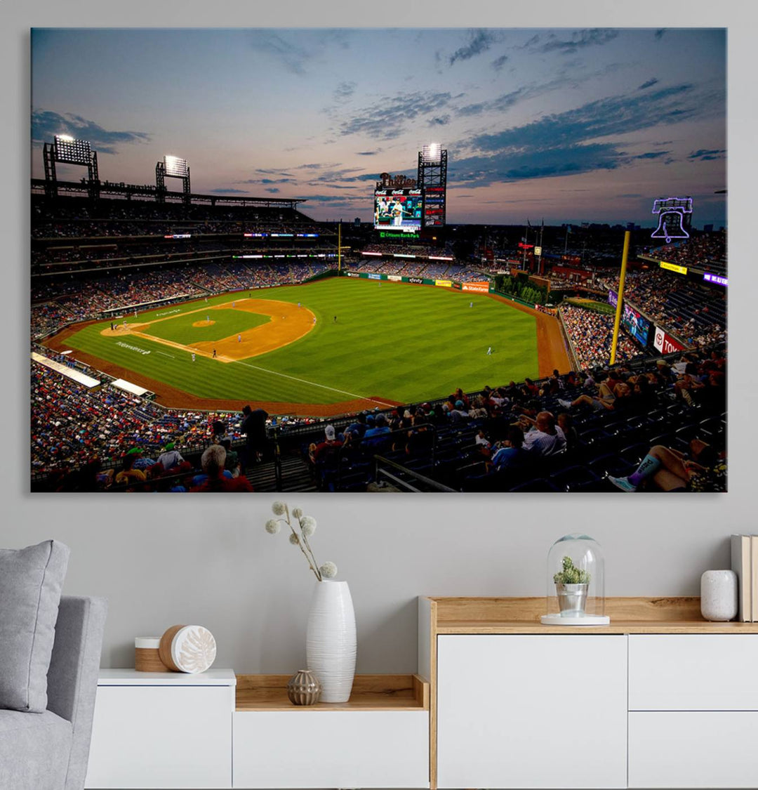 A wall art piece depicting the Philadelphia Phillies Citizens Bank Park Stadium at dusk.