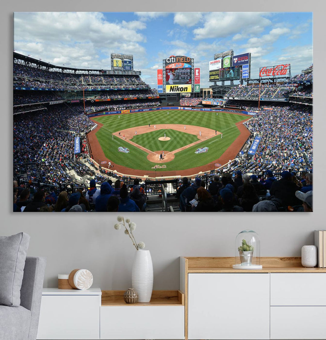 A wall art piece featuring a New York Mets Baseball Team print of Citi Field during a thrilling game under a blue sky.